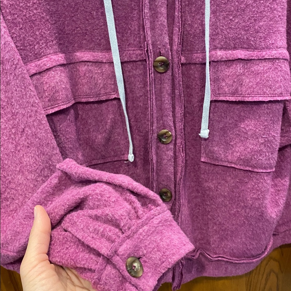 Zenana Outfitters Plum button down shacket
with Light Gray Hood size medium - Picture 3 of 5